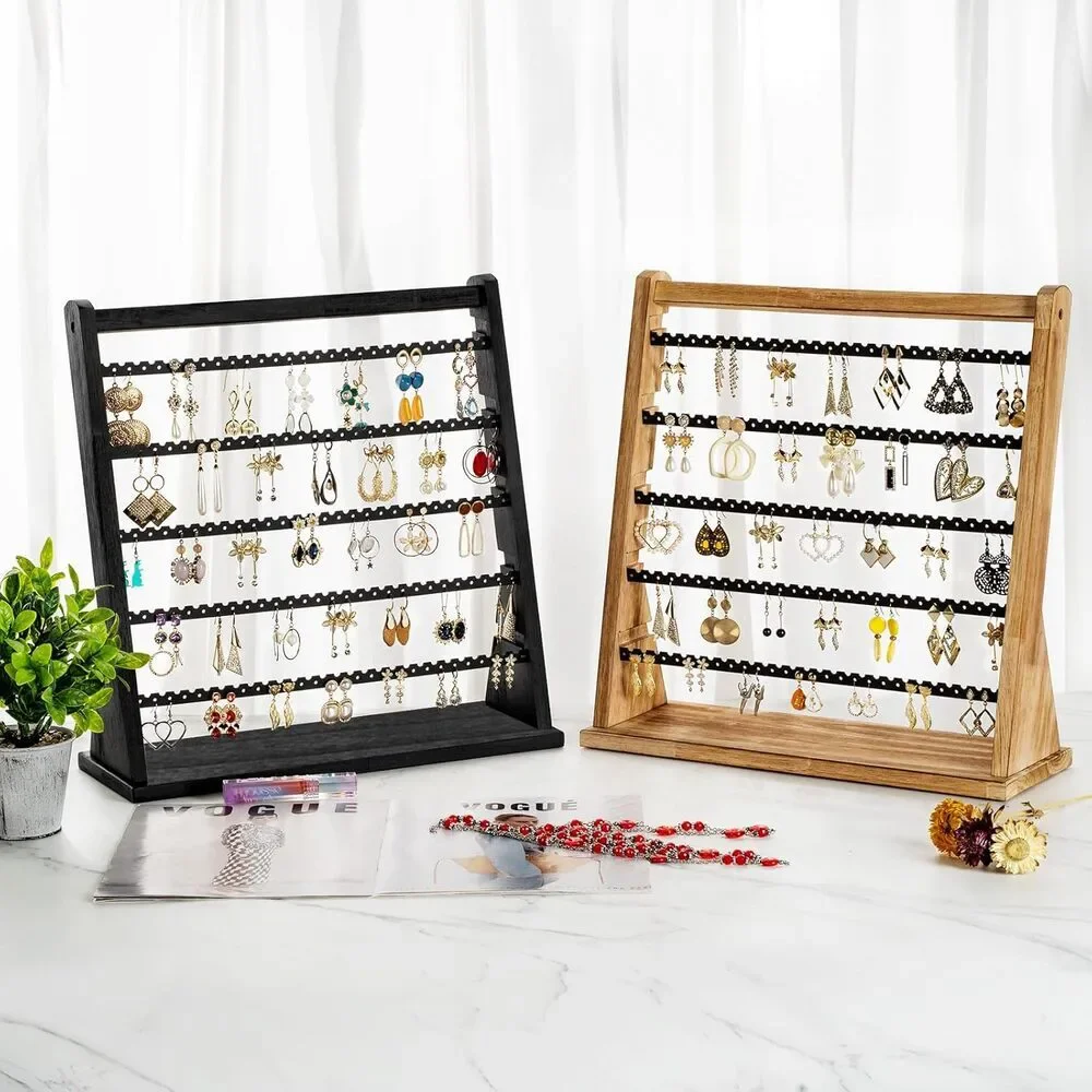 Earring Organizer Women Wood 5 Layer Display Stand Rustic Jewelry Holder Rack